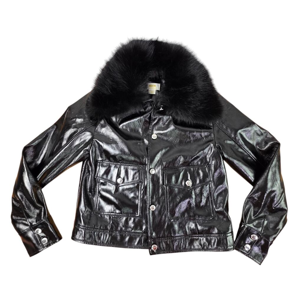 Anthropologie Maeve Faux Leather Furry Collar Jacket XXS 2xs black Patent Biker
